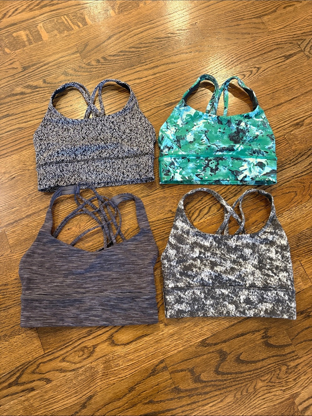 Lululemon BUNDLE of 4 Strappy Sports Bra - Green, Gray, Blue & Black Prints, 4